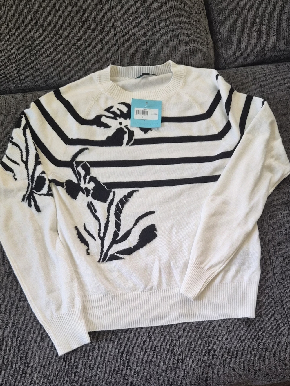 Faith and Joy White and Black Floral Stripe Crewneck Sweater